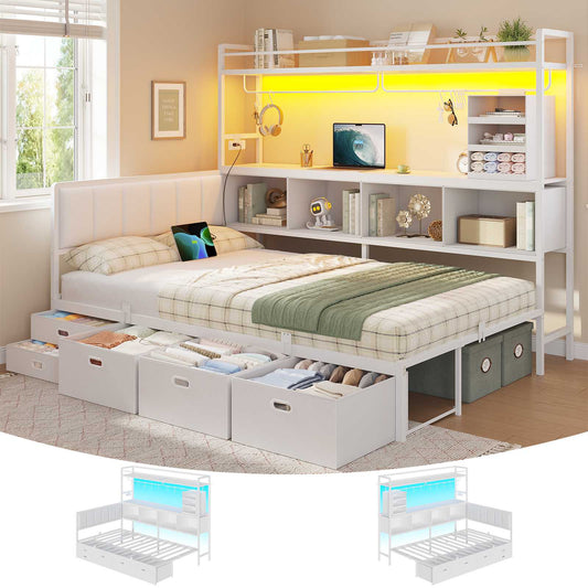 DICTAC | Twin Corner Bed Frame with Tall Storage Bookshelf & 5 Drawers – Metal Platform Bed with LED Lights and Charging Station for Kids & Teens, white