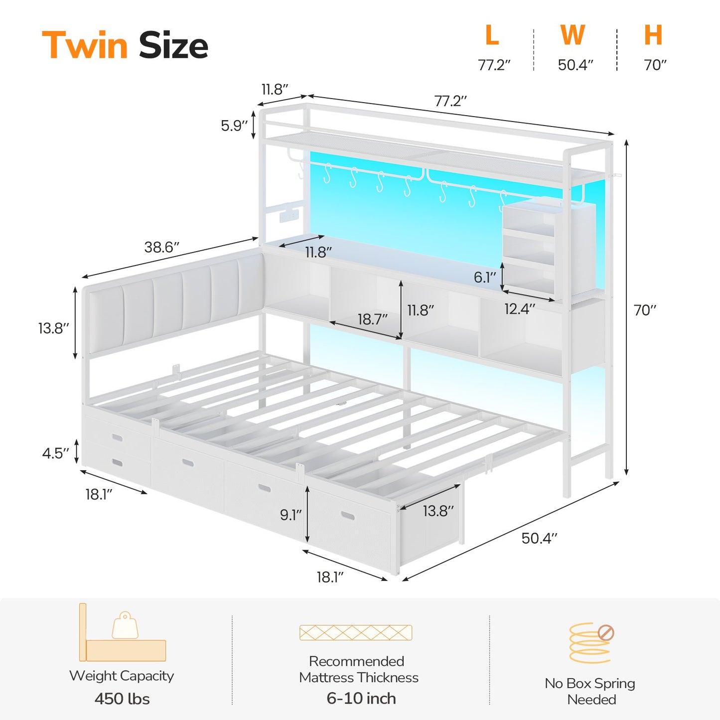 DICTAC | Twin Corner Bed Frame with Tall Storage Bookshelf & 5 Drawers – Metal Platform Bed with LED Lights and Charging Station for Kids & Teens, white
