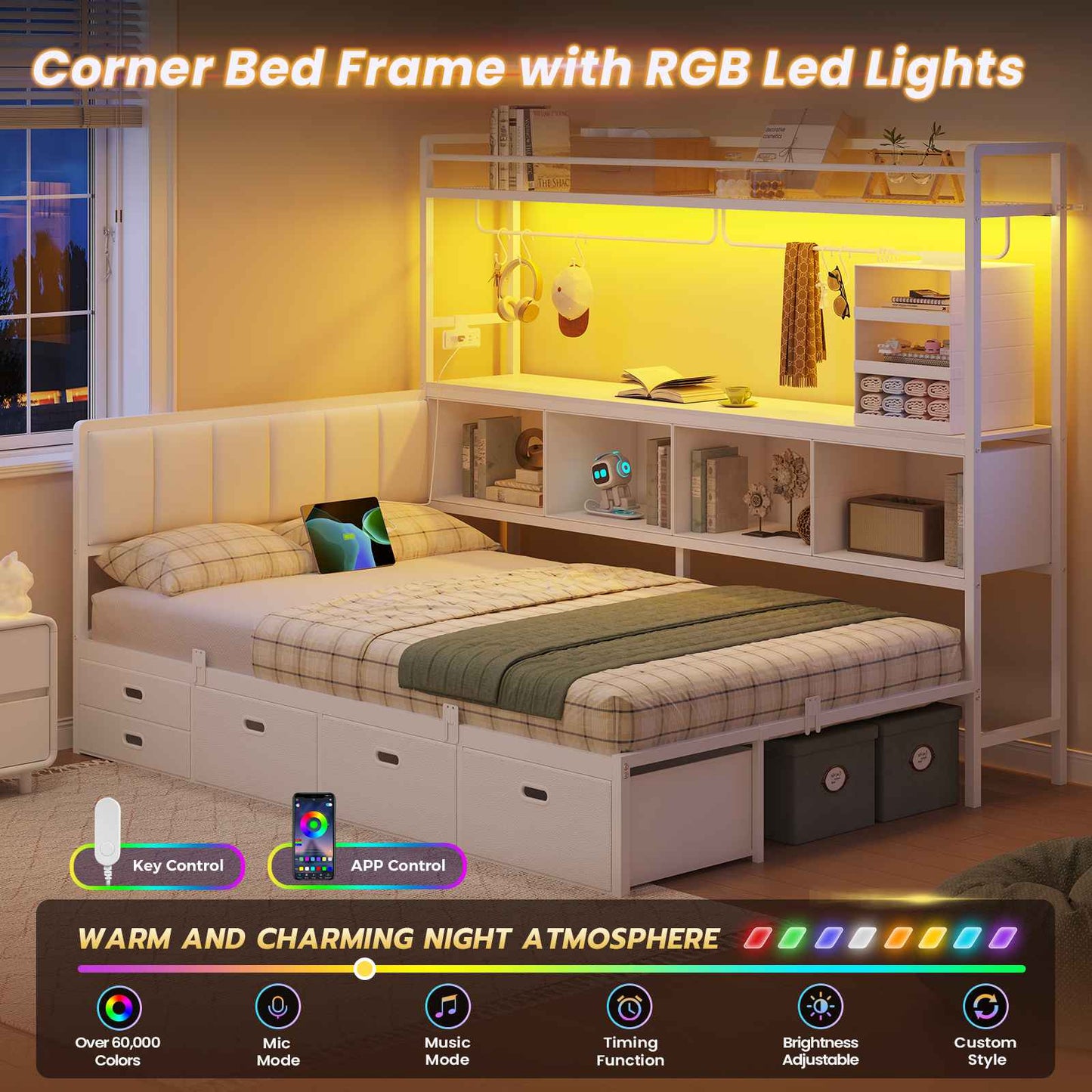 DICTAC | Twin Corner Bed Frame with Tall Storage Bookshelf & 5 Drawers – Metal Platform Bed with LED Lights and Charging Station for Kids & Teens, white