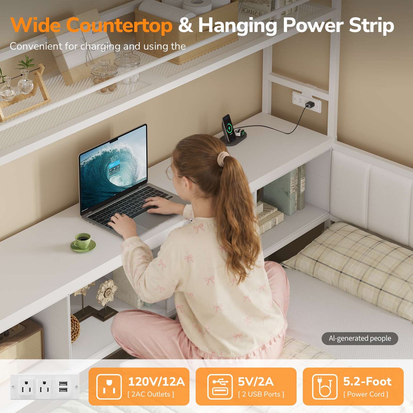 DICTAC | Twin Corner Bed Frame with Tall Storage Bookshelf & 5 Drawers – Metal Platform Bed with LED Lights and Charging Station for Kids & Teens, white