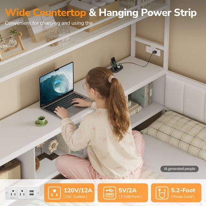 DICTAC | Twin Corner Bed Frame with Tall Storage Bookshelf & 5 Drawers – Metal Platform Bed with LED Lights and Charging Station for Kids & Teens, white