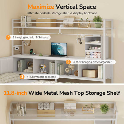 DICTAC | Twin Corner Bed Frame with Tall Storage Bookshelf & 5 Drawers – Metal Platform Bed with LED Lights and Charging Station for Kids & Teens, white