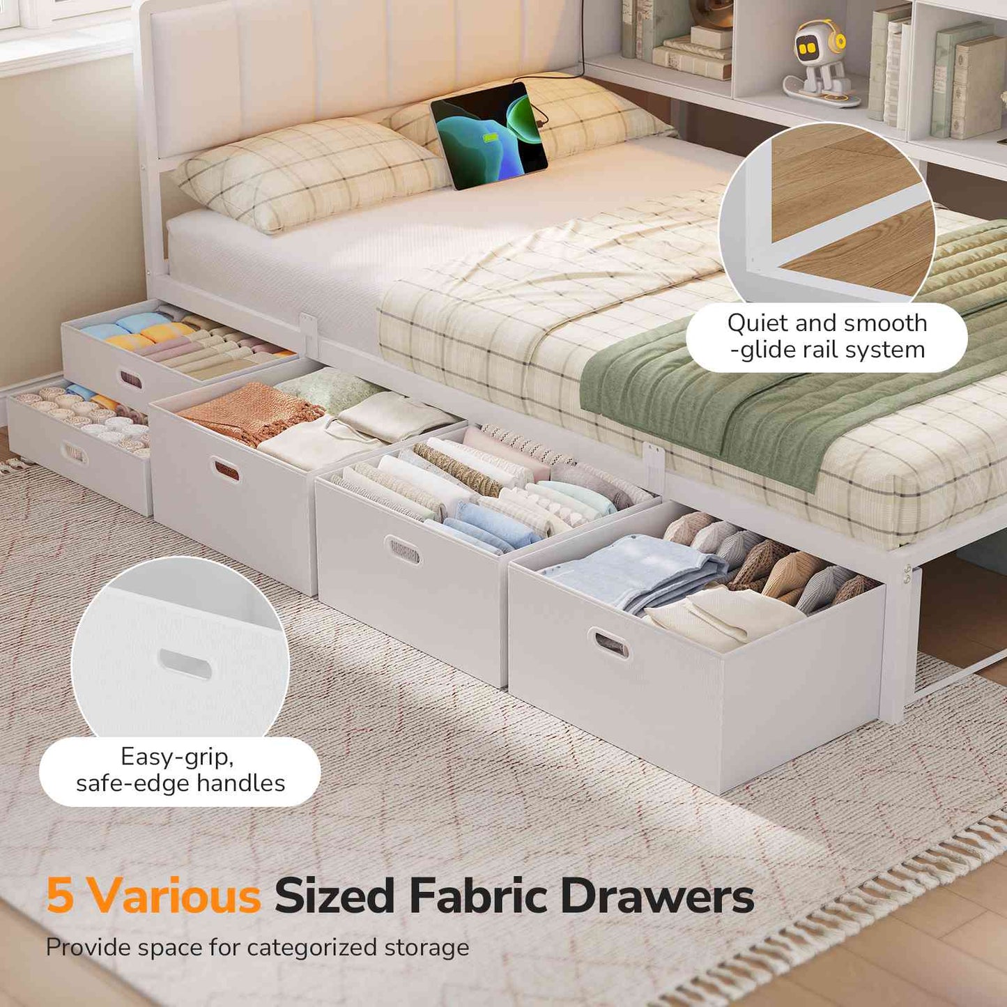 DICTAC | Twin Corner Bed Frame with Tall Storage Bookshelf & 5 Drawers – Metal Platform Bed with LED Lights and Charging Station for Kids & Teens, white