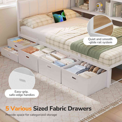 DICTAC | Twin Corner Bed Frame with Tall Storage Bookshelf & 5 Drawers – Metal Platform Bed with LED Lights and Charging Station for Kids & Teens, white