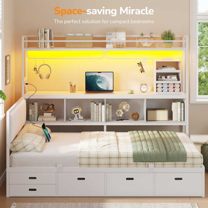 DICTAC | Twin Corner Bed Frame with Tall Storage Bookshelf & 5 Drawers – Metal Platform Bed with LED Lights and Charging Station for Kids & Teens, white