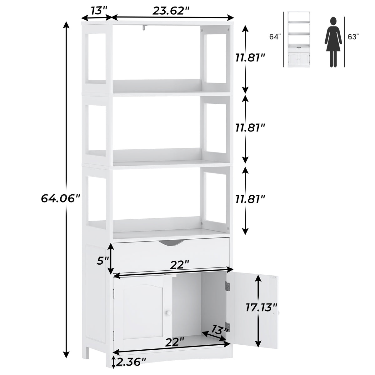 DICTAC | 64'' Tall Kitchen Pantry Storage Cabinet with Shelves & Drawer, Freestanding Microwave Stand and Bathroom Storage Organizer for Kitchen, Living Room & Home Office, White