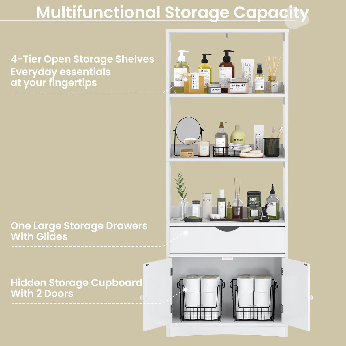 DICTAC | 64'' Tall Kitchen Pantry Storage Cabinet with Shelves & Drawer, Freestanding Microwave Stand and Bathroom Storage Organizer for Kitchen, Living Room & Home Office, White