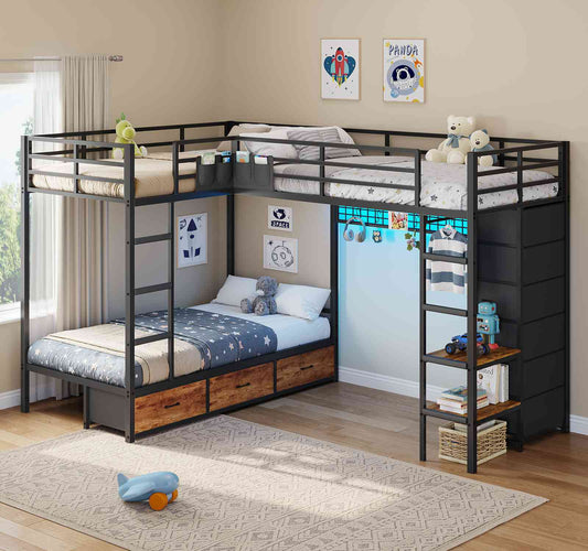 DICTAC | L-Shaped Triple Bunk Bed with Storage Drawers, Open Shelves, RGB LED Lights & Dual Ladders - Black