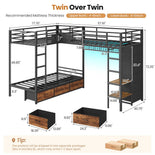 DICTAC | L-Shaped Triple Bunk Bed with Storage Drawers, Open Shelves, RGB LED Lights & Dual Ladders - Black