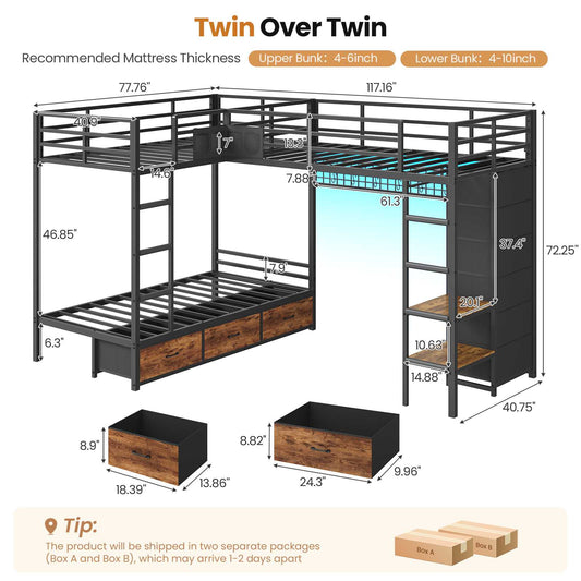 DICTAC | L-Shaped Triple Bunk Bed with Storage Drawers, Open Shelves, RGB LED Lights & Dual Ladders - Black