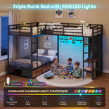 DICTAC | L-Shaped Triple Bunk Bed with Storage Drawers, Open Shelves, RGB LED Lights & Dual Ladders - Black