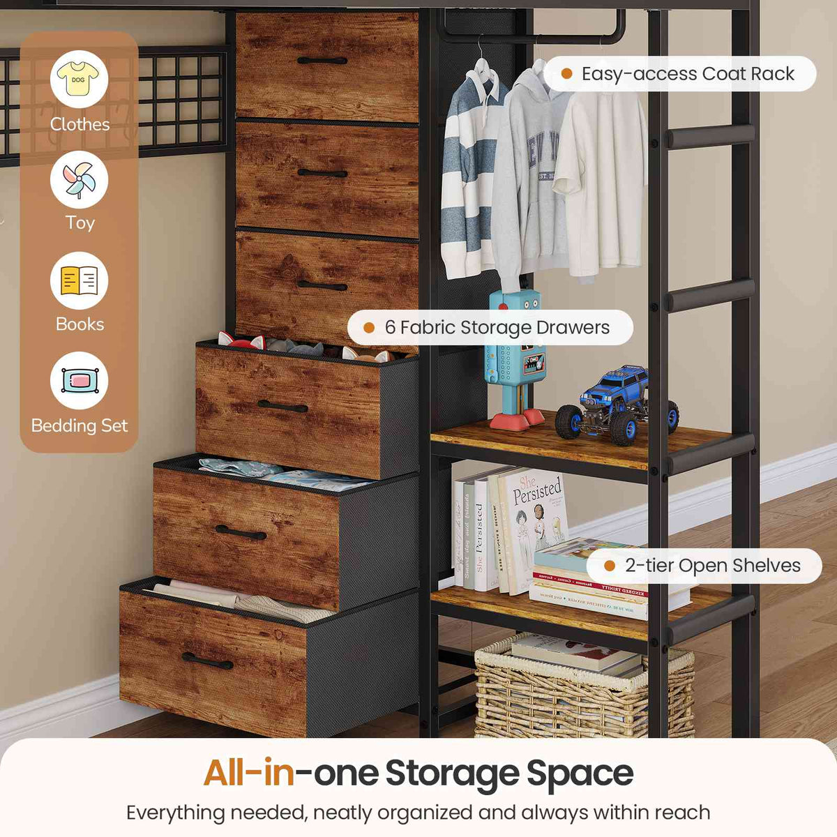DICTAC | L-Shaped Triple Bunk Bed with Storage Drawers, Open Shelves, RGB LED Lights & Dual Ladders - Black