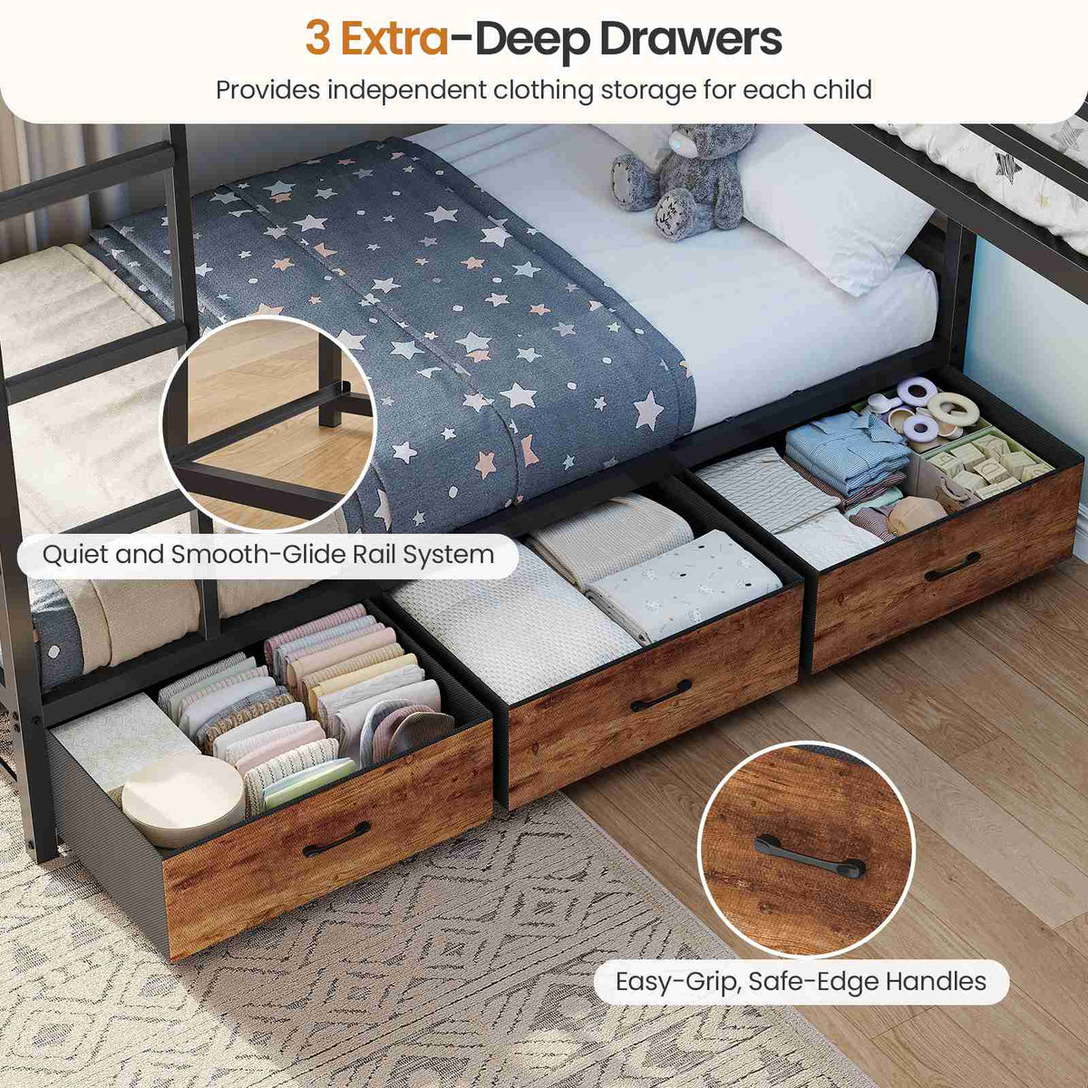 DICTAC | L-Shaped Triple Bunk Bed with Storage Drawers, Open Shelves, RGB LED Lights & Dual Ladders - Black