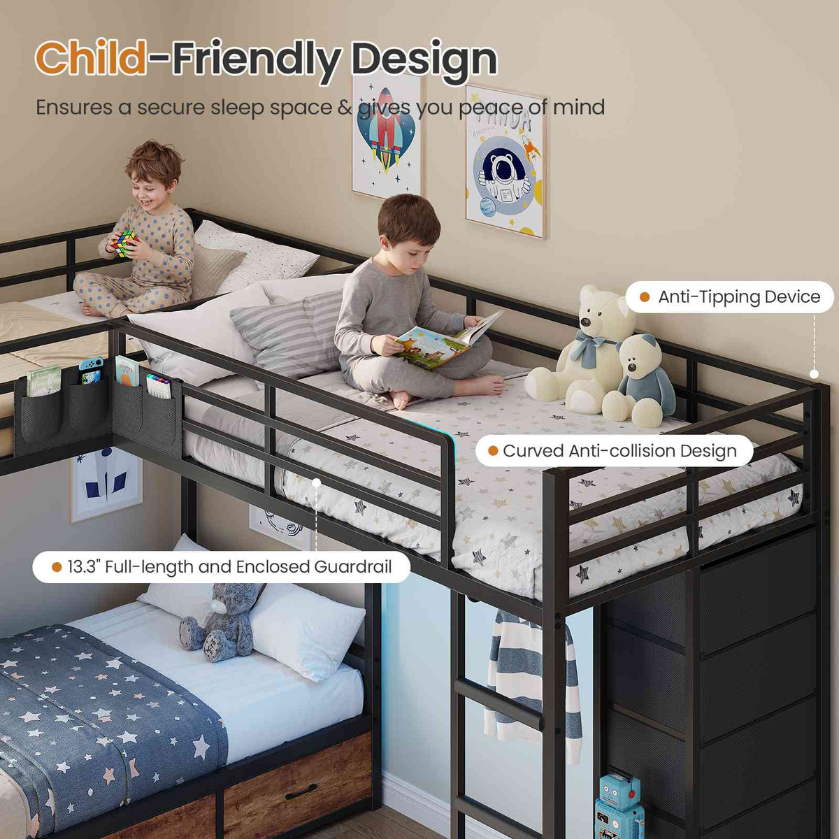 DICTAC | L-Shaped Triple Bunk Bed with Storage Drawers, Open Shelves, RGB LED Lights & Dual Ladders - Black