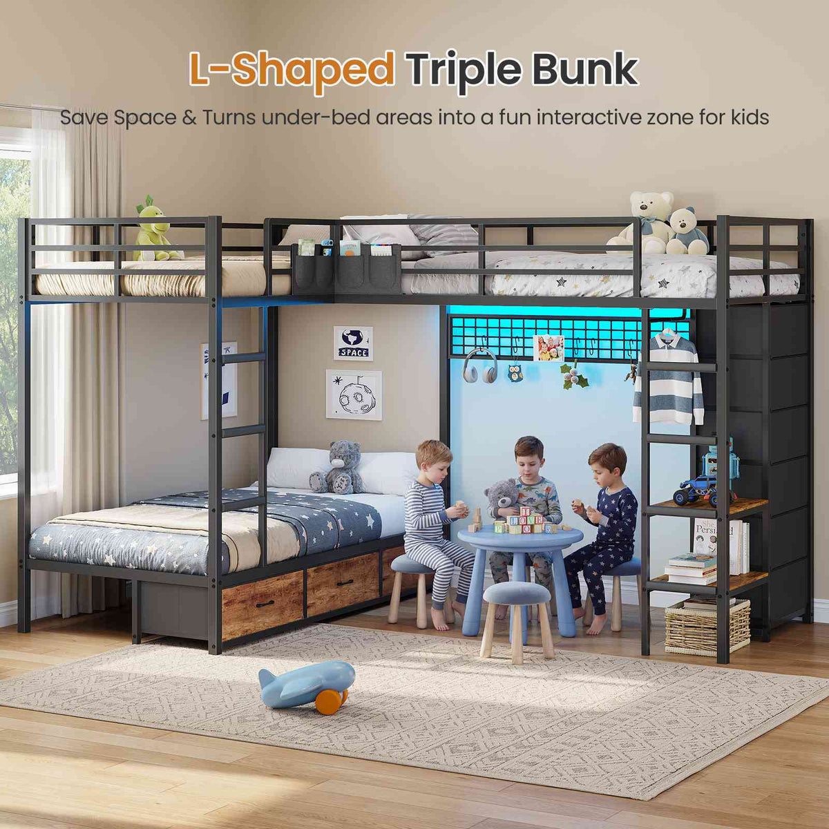 DICTAC | L-Shaped Triple Bunk Bed with Storage Drawers, Open Shelves, RGB LED Lights & Dual Ladders - Black