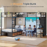 DICTAC | L-Shaped Triple Bunk Bed with Storage Drawers, Open Shelves, RGB LED Lights & Dual Ladders - Black