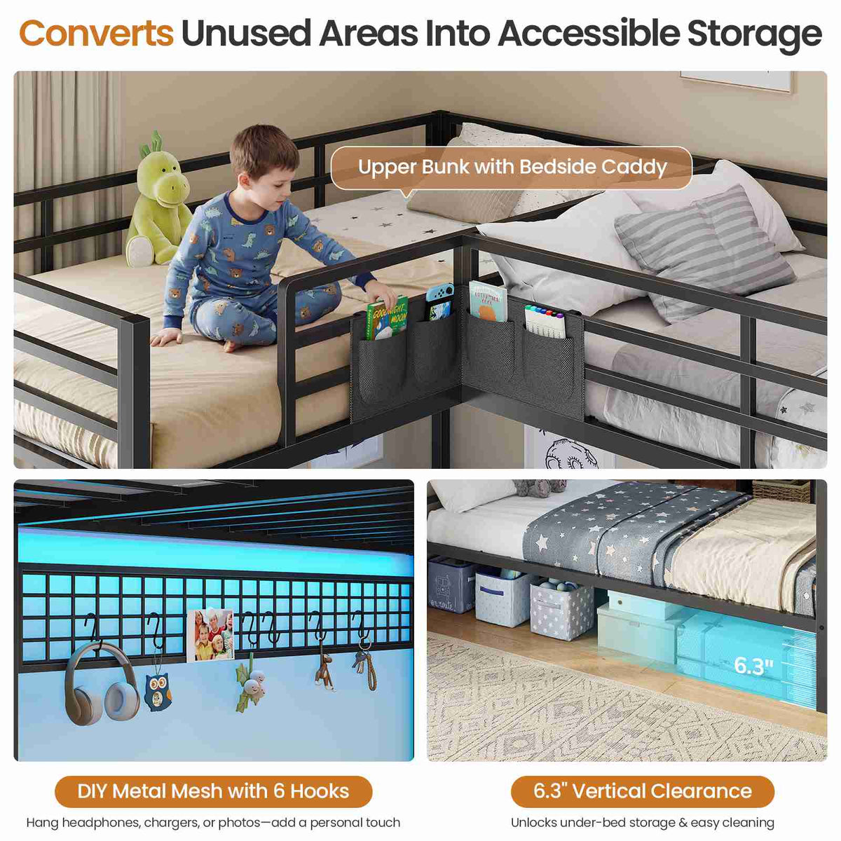 DICTAC | L-Shaped Triple Bunk Bed with Storage Drawers, Open Shelves, RGB LED Lights & Dual Ladders - Black