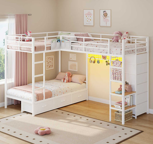 DICTAC | L-Shaped Triple Bunk Bed with Storage Drawers, Open Shelves, RGB LED Lights & Dual Ladders - White