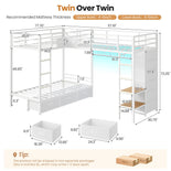DICTAC | L-Shaped Triple Bunk Bed with Storage Drawers, Open Shelves, RGB LED Lights & Dual Ladders - White