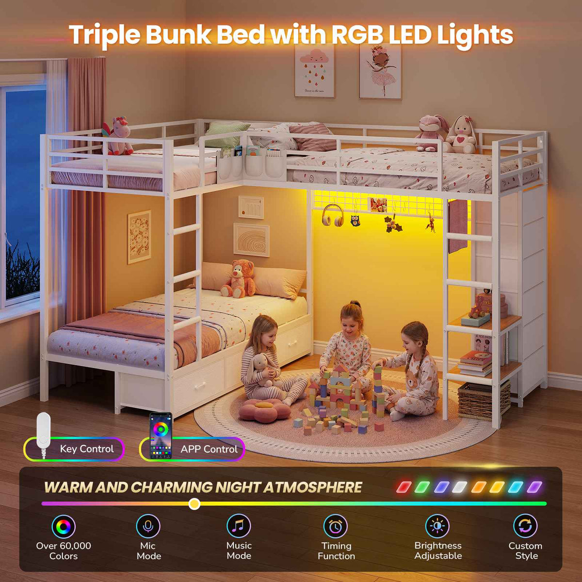 DICTAC | L-Shaped Triple Bunk Bed with Storage Drawers, Open Shelves, RGB LED Lights & Dual Ladders - White