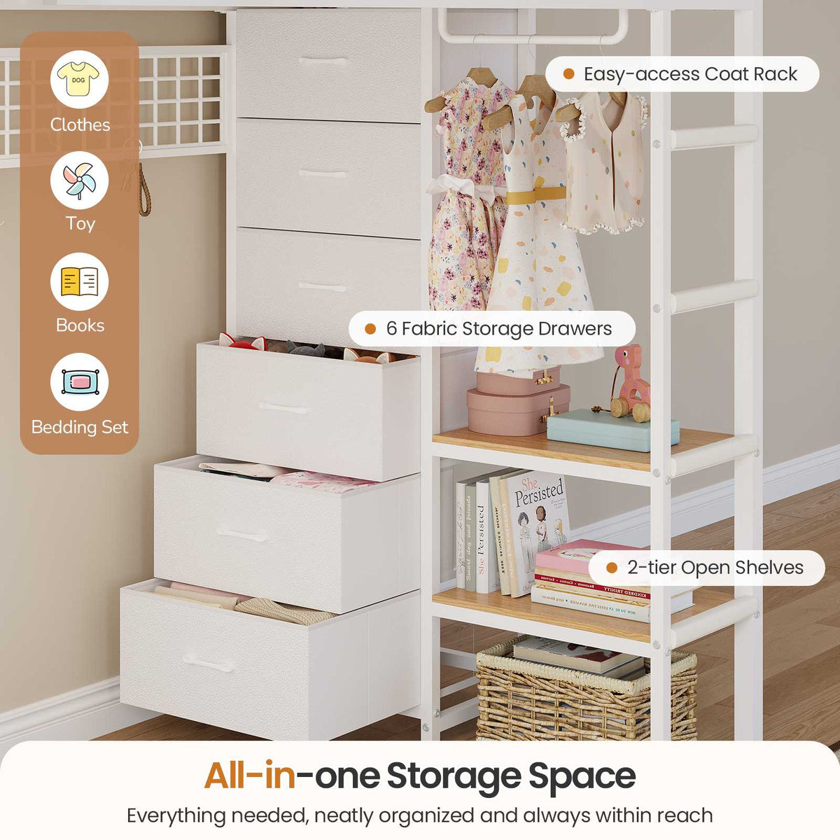 DICTAC | L-Shaped Triple Bunk Bed with Storage Drawers, Open Shelves, RGB LED Lights & Dual Ladders - White