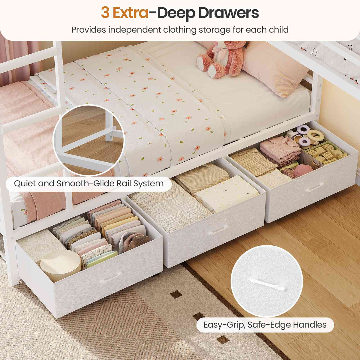 DICTAC | L-Shaped Triple Bunk Bed with Storage Drawers, Open Shelves, RGB LED Lights & Dual Ladders - White