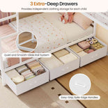 DICTAC | L-Shaped Triple Bunk Bed with Storage Drawers, Open Shelves, RGB LED Lights & Dual Ladders - White