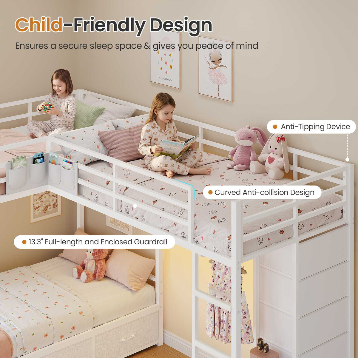 DICTAC | L-Shaped Triple Bunk Bed with Storage Drawers, Open Shelves, RGB LED Lights & Dual Ladders - White