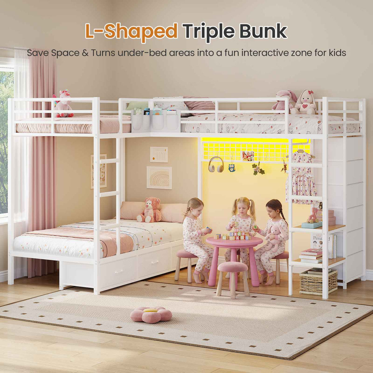 DICTAC | L-Shaped Triple Bunk Bed with Storage Drawers, Open Shelves, RGB LED Lights & Dual Ladders - White
