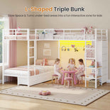 DICTAC | L-Shaped Triple Bunk Bed with Storage Drawers, Open Shelves, RGB LED Lights & Dual Ladders - White