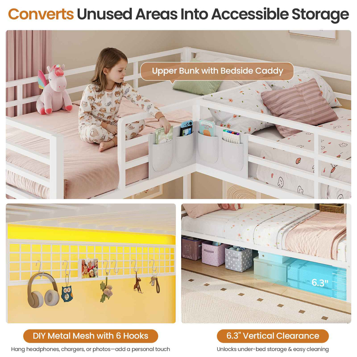DICTAC | L-Shaped Triple Bunk Bed with Storage Drawers, Open Shelves, RGB LED Lights & Dual Ladders - White
