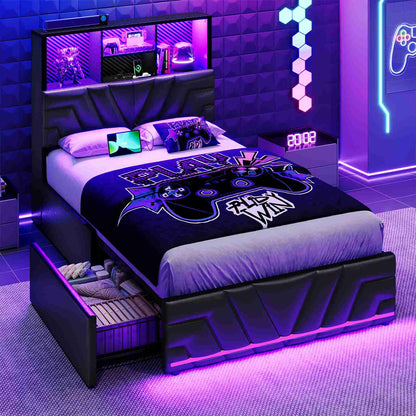 DICTAC | Gaming Bed Frame with 4 Drawers, RGB LED Lights, Charging Station & Storage Headboard, Black