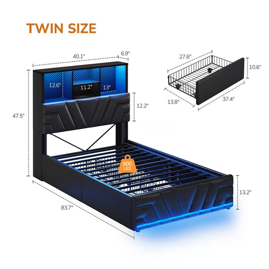 DICTAC | Gaming Bed with 4 Drawers, Storage Headboard, Charging Station & RGB LED Lights - Black