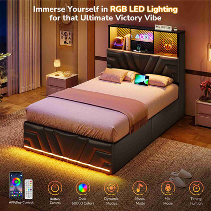 DICTAC | Gaming Bed Frame with 4 Drawers, RGB LED Lights, Charging Station & Storage Headboard, Black