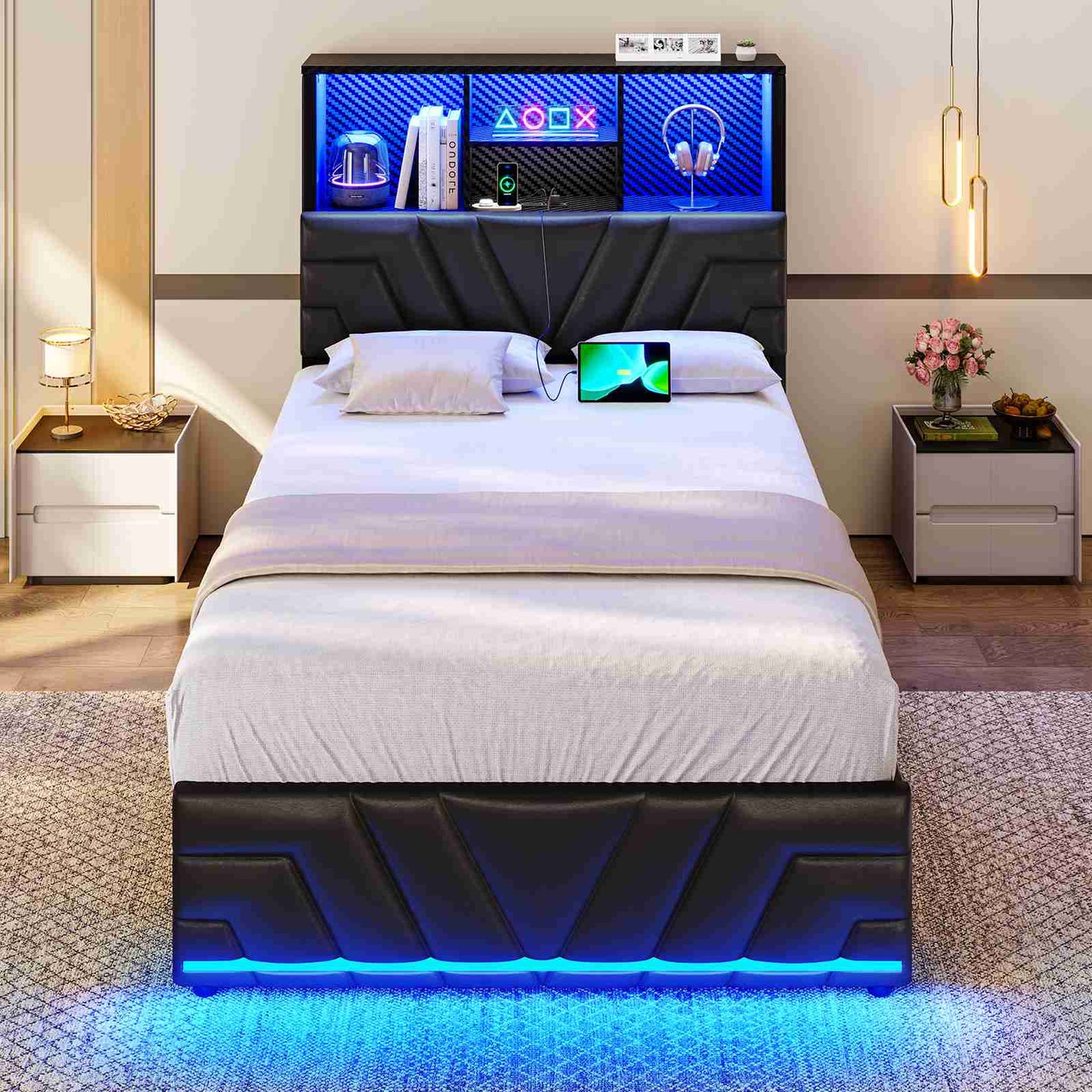DICTAC | Gaming Bed Frame with 4 Drawers, RGB LED Lights, Charging Station & Storage Headboard, Black