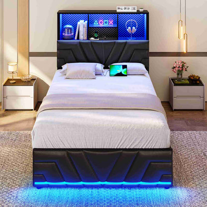 DICTAC | Gaming Bed Frame with 4 Drawers, RGB LED Lights, Charging Station & Storage Headboard, Black