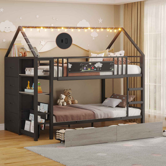 DICTAC | Twin Over Twin House Bunk Bed with Storage Drawers, Montessori Bookshelf & Globe String Lights, Metal Low Bunk Bed for Kids with Guardrail & Ladder, Black/White/Pink