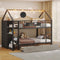 DICTAC | Twin Over Twin House Bunk Bed with Storage Drawers, Montessori Bookshelf & Globe String Lights, Metal Low Bunk Bed for Kids with Guardrail & Ladder, Black/White/Pink