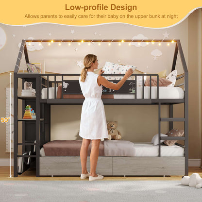 DICTAC | Twin Over Twin House Bunk Bed with Storage Drawers, Montessori Bookshelf & Globe String Lights, Metal Low Bunk Bed for Kids with Guardrail & Ladder, Black/White/Pink