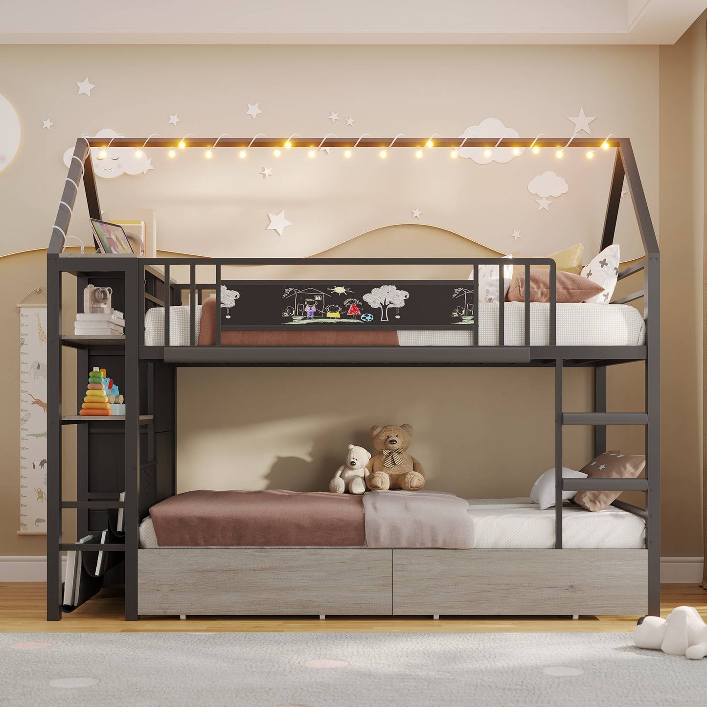 DICTAC | Twin Over Twin House Bunk Bed with Storage Drawers, Montessori Bookshelf & Globe String Lights, Metal Low Bunk Bed for Kids with Guardrail & Ladder, Black/White/Pink