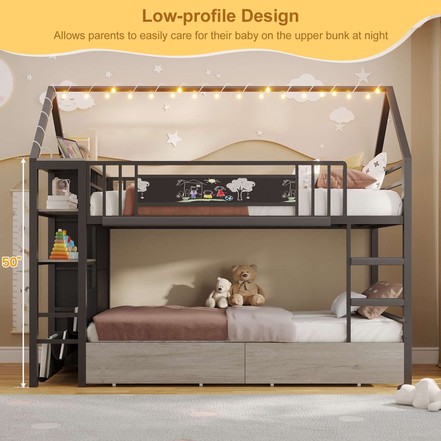 DICTAC | Twin Over Twin House Bunk Bed with Storage Drawers, Montessori Bookshelf & Globe String Lights, Metal Low Bunk Bed for Kids with Guardrail & Ladder, Black/White/Pink