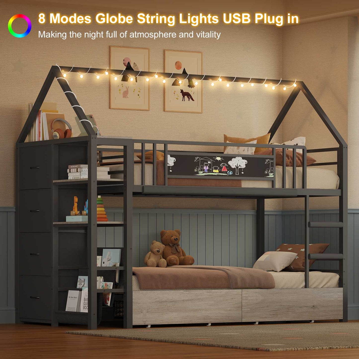 DICTAC | Twin Over Twin House Bunk Bed with Storage Drawers, Montessori Bookshelf & Globe String Lights, Metal Low Bunk Bed for Kids with Guardrail & Ladder, Black/White/Pink