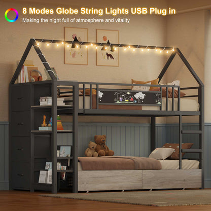 DICTAC | Twin Over Twin House Bunk Bed with Storage Drawers, Montessori Bookshelf & Globe String Lights, Metal Low Bunk Bed for Kids with Guardrail & Ladder, Black/White/Pink