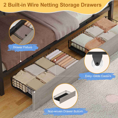 DICTAC | Twin Over Twin House Bunk Bed with Storage Drawers, Montessori Bookshelf & Globe String Lights, Metal Low Bunk Bed for Kids with Guardrail & Ladder, Black/White/Pink