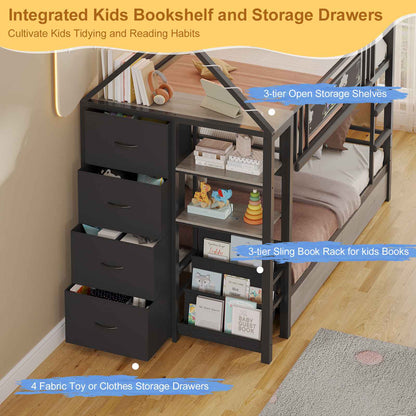 DICTAC | Twin Over Twin House Bunk Bed with Storage Drawers, Montessori Bookshelf & Globe String Lights, Metal Low Bunk Bed for Kids with Guardrail & Ladder, Black/White/Pink