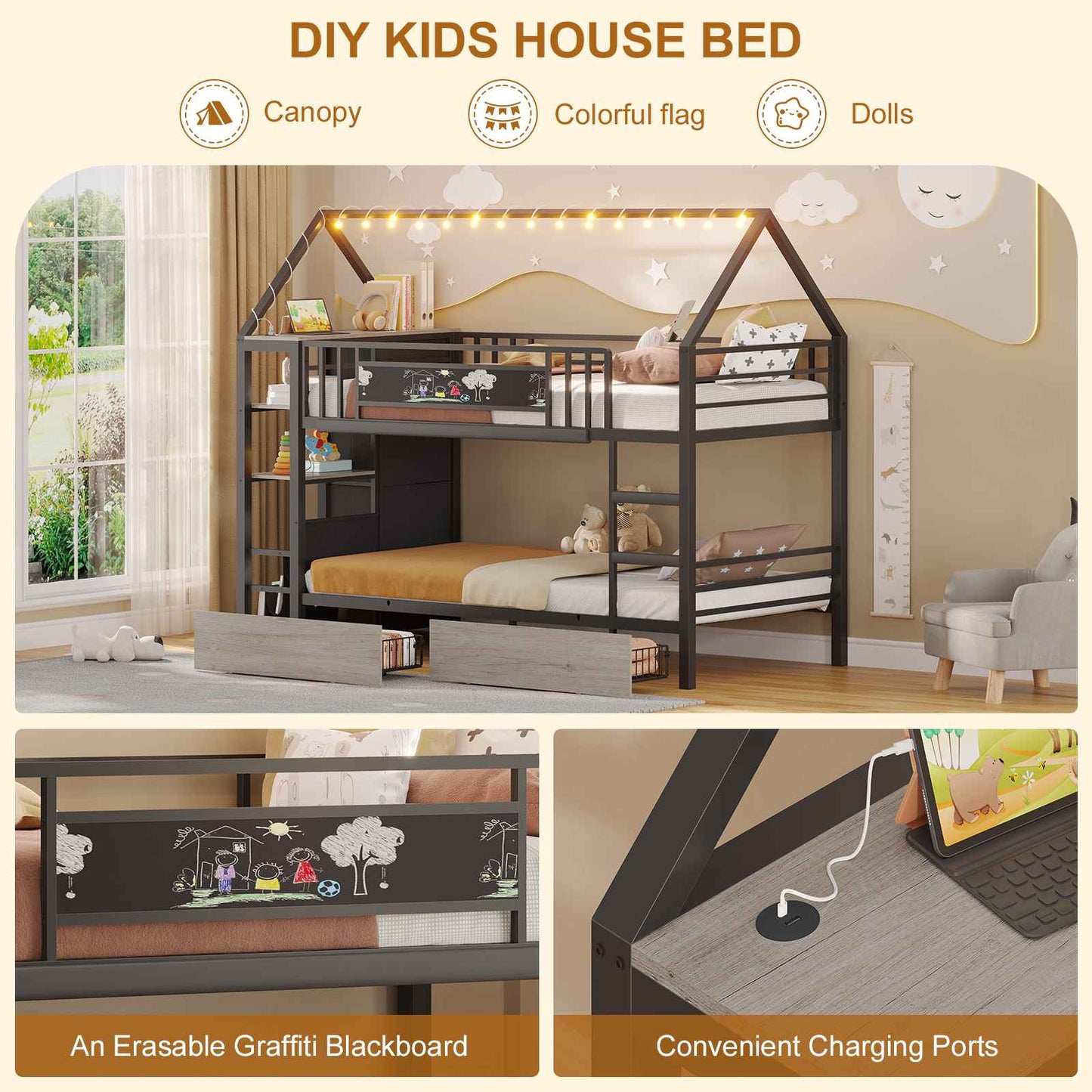 DICTAC | Twin Over Twin House Bunk Bed with Storage Drawers, Montessori Bookshelf & Globe String Lights, Metal Low Bunk Bed for Kids with Guardrail & Ladder, Black/White/Pink
