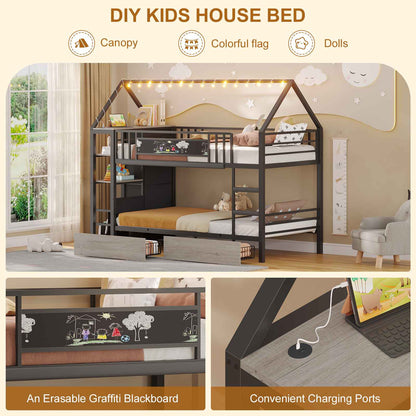 DICTAC | Twin Over Twin House Bunk Bed with Storage Drawers, Montessori Bookshelf & Globe String Lights, Metal Low Bunk Bed for Kids with Guardrail & Ladder, Black/White/Pink