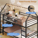 DICTAC | Twin Over Twin House Bunk Bed with Storage Drawers, Montessori Bookshelf & Globe String Lights, Metal Low Bunk Bed for Kids with Guardrail & Ladder, Black/White/Pink