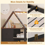 DICTAC | Twin Over Twin House Bunk Bed with Storage Drawers, Montessori Bookshelf & Globe String Lights, Metal Low Bunk Bed for Kids with Guardrail & Ladder, Black/White/Pink