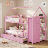DICTAC | Twin Over Twin House Bunk Bed with Storage Drawers, Montessori Bookshelf & Globe String Lights, Metal Low Bunk Bed for Kids with Guardrail & Ladder, Black/White/Pink